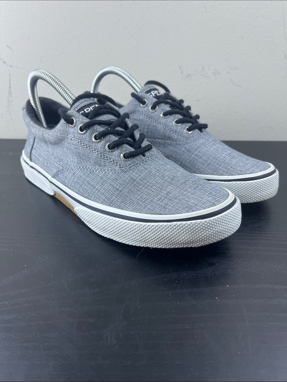 Sperry Men's Size 8 Gray Canvas Boat Shoes Black Laces Casual Sneakers
